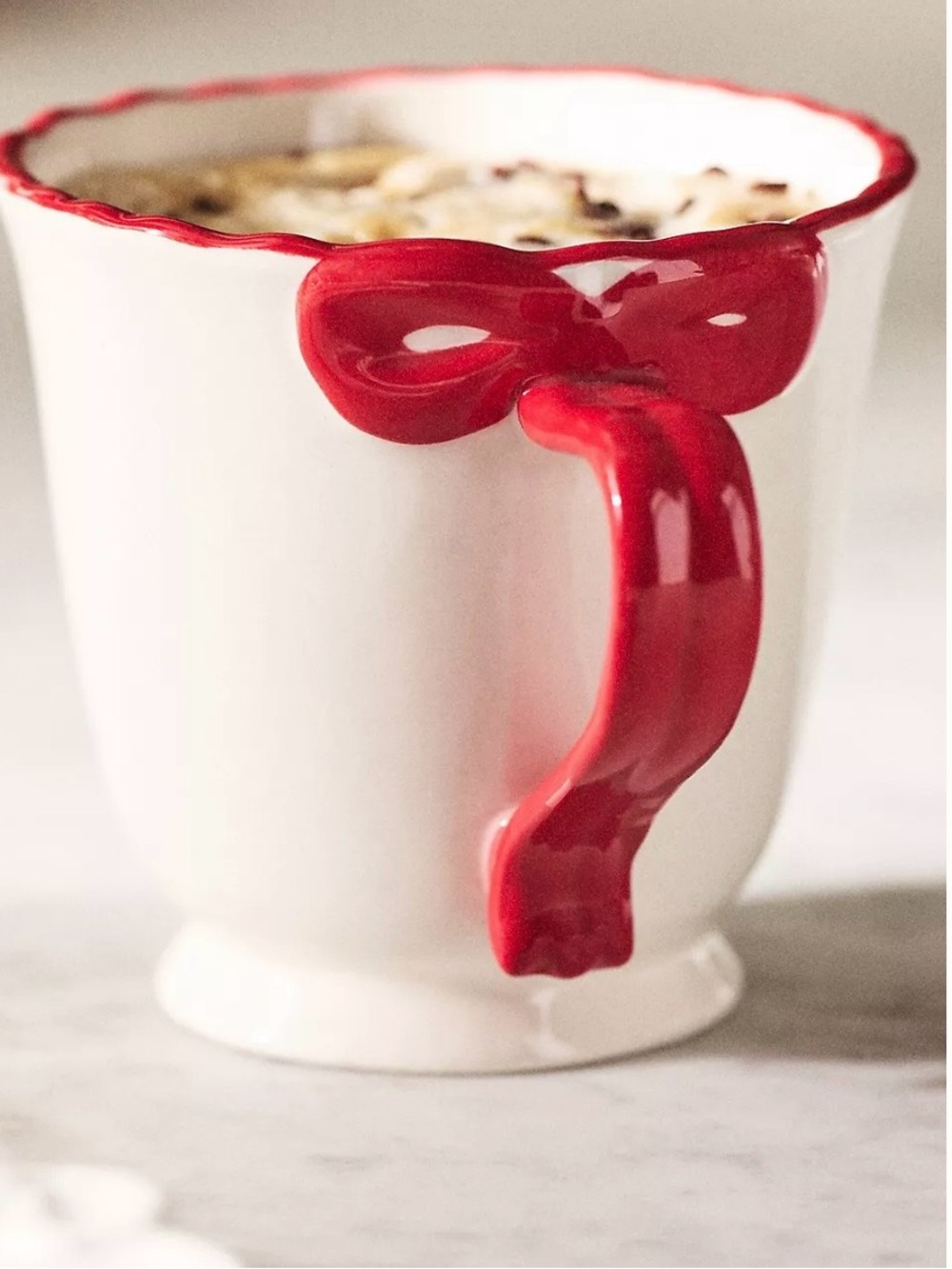 Anthropologie Benedita Bow Stoneware Mug, Red Ribbon Handle, Scalloped Rim